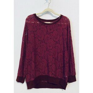 Umgee Sweatshirt Womens Large Dark Red Lace Crew Neck Long Sleeve Sheer Boho